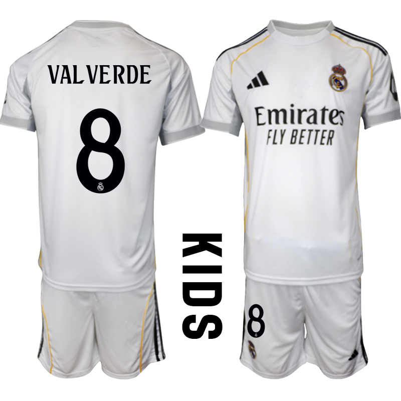Youth 2025-2026 Club Real Madrid home White #8 Soccer Jersey